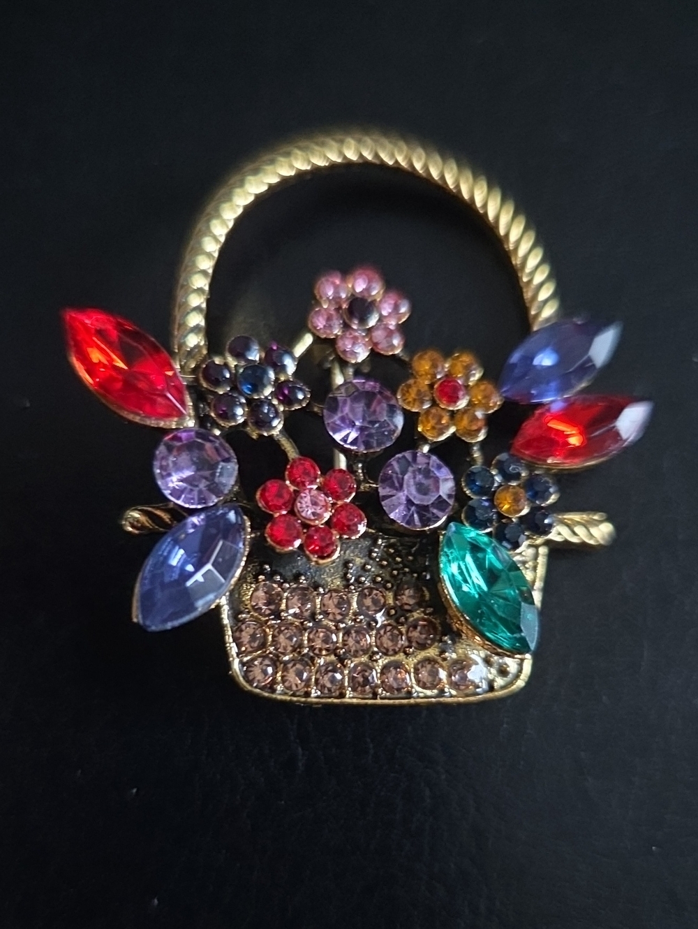 Multicolor Crystal Flower Basket Brooch - Gold Tone, Nwot
